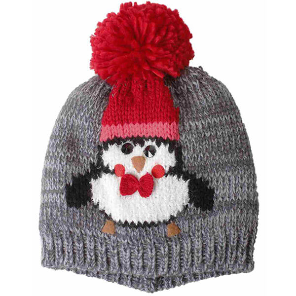 Gray and Red Penguin Beanie Hat with Pom Pom